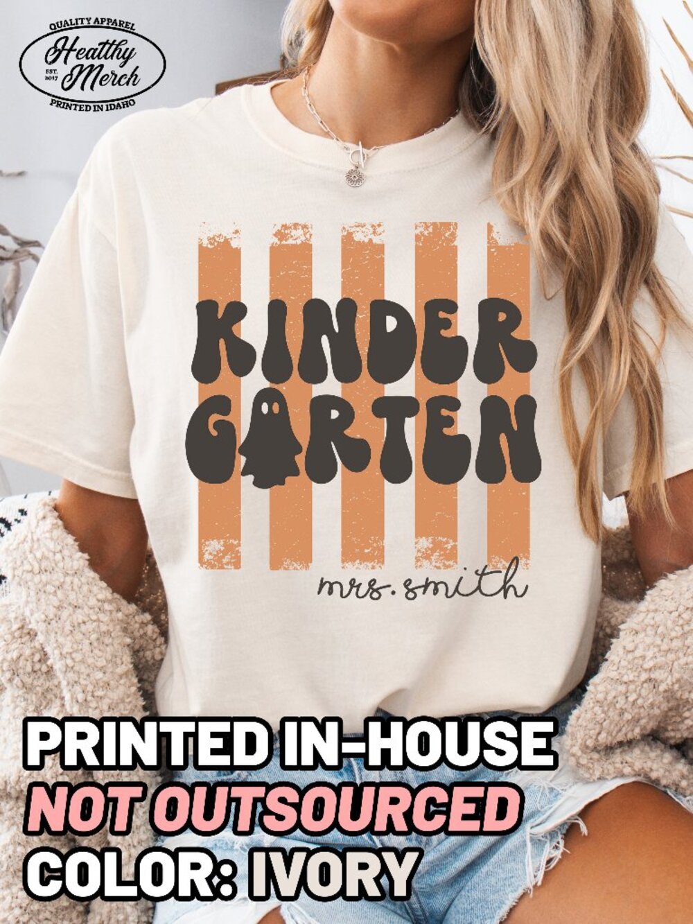 Kindergarten Retro Stripe Halloween Teacher Shirt Comfort Colors Ivory